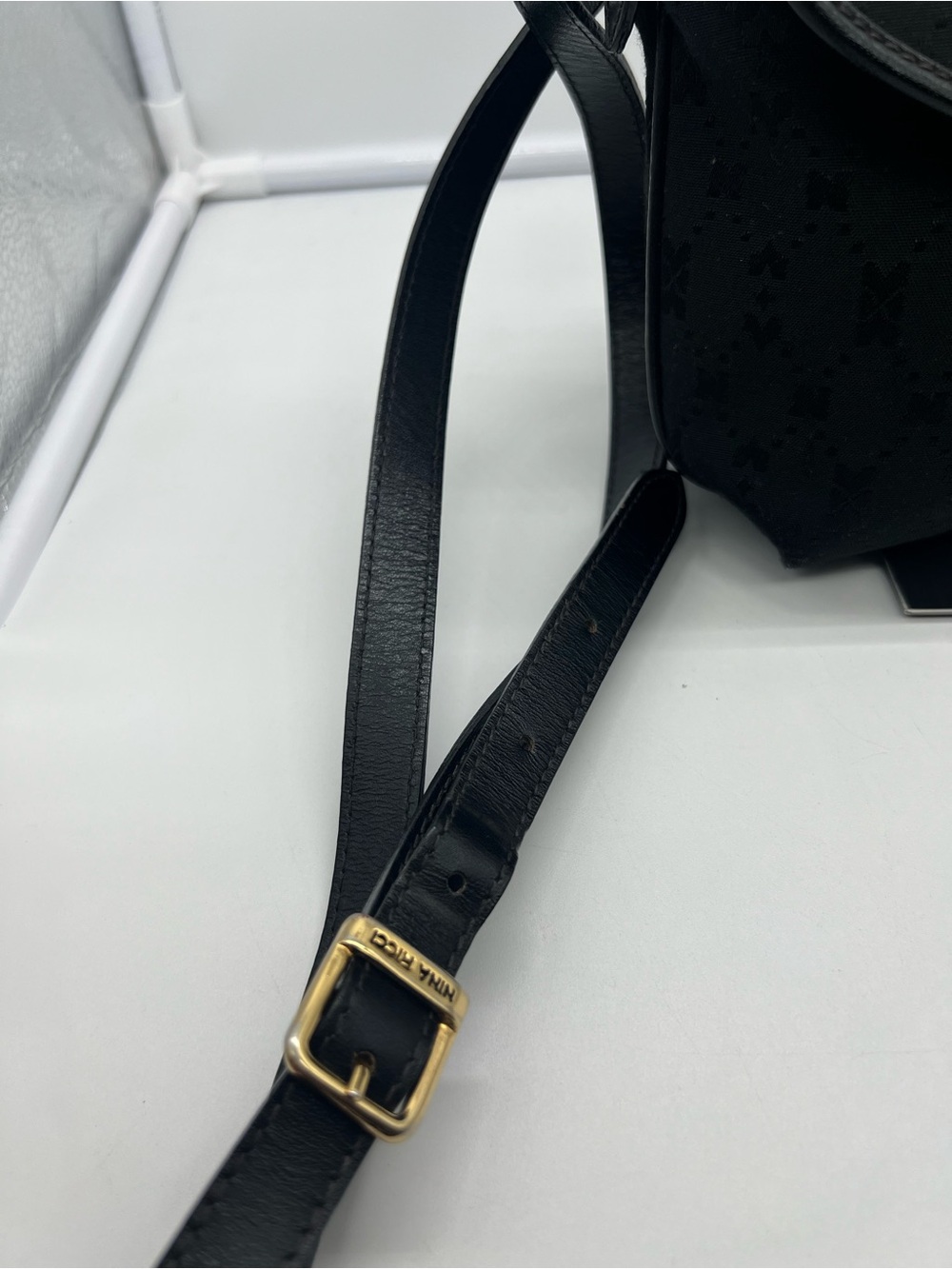 NINA RICCI VINTAGE Black Monogram Canvas Perforated Leather Flap Crossbody Bag - Picture 4 of 12